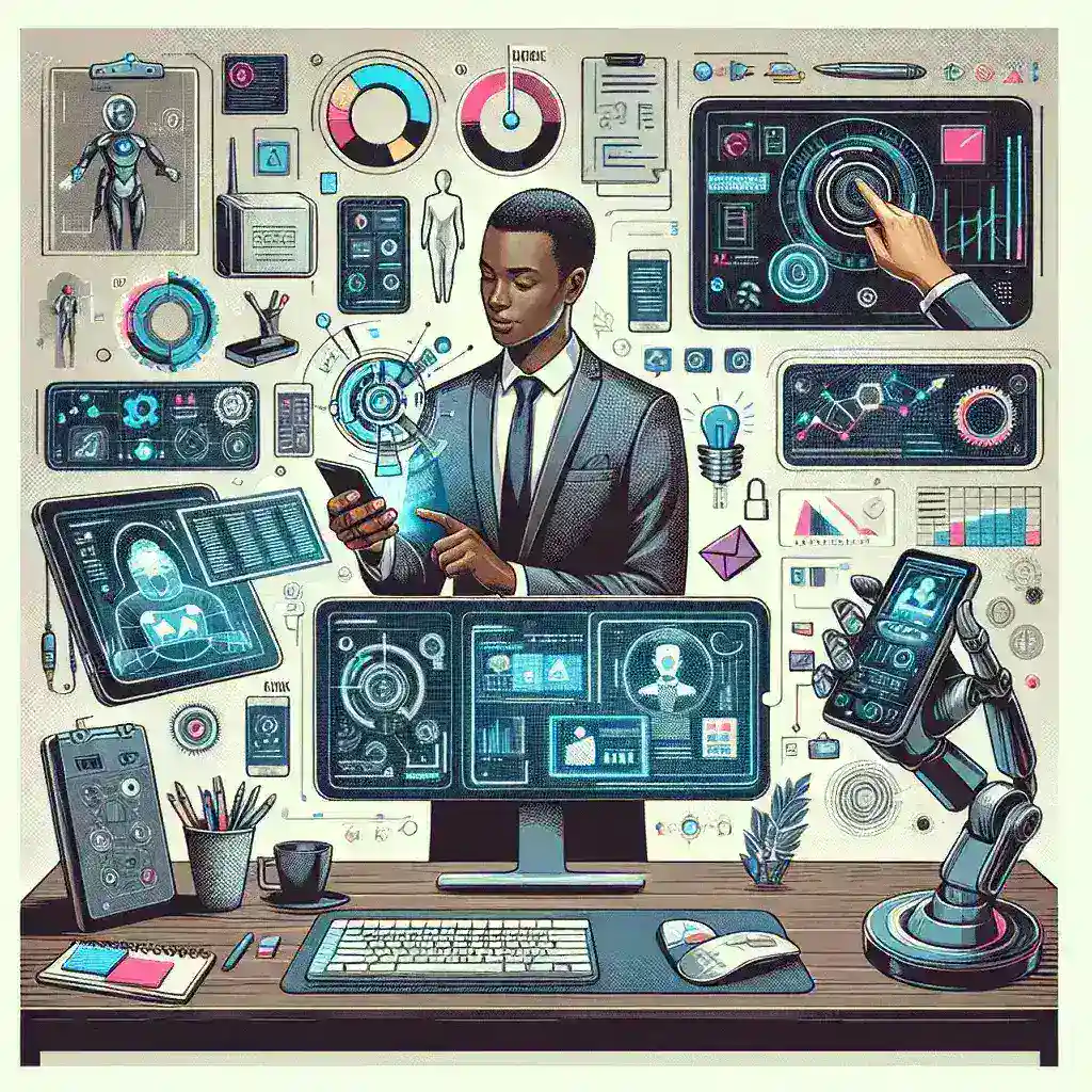 "Collage of essential digital tools for small business owners in 2024, including project management software, accounting apps, and marketing platforms, displayed on a laptop and smartphone."