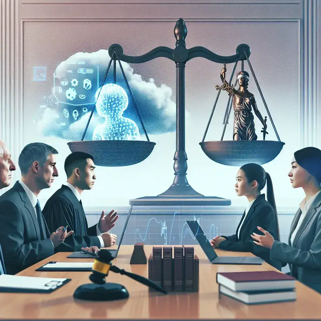 "AI assistant startup team discussing legal disputes over training data in a modern office setting, highlighting the intersection of technology and law."